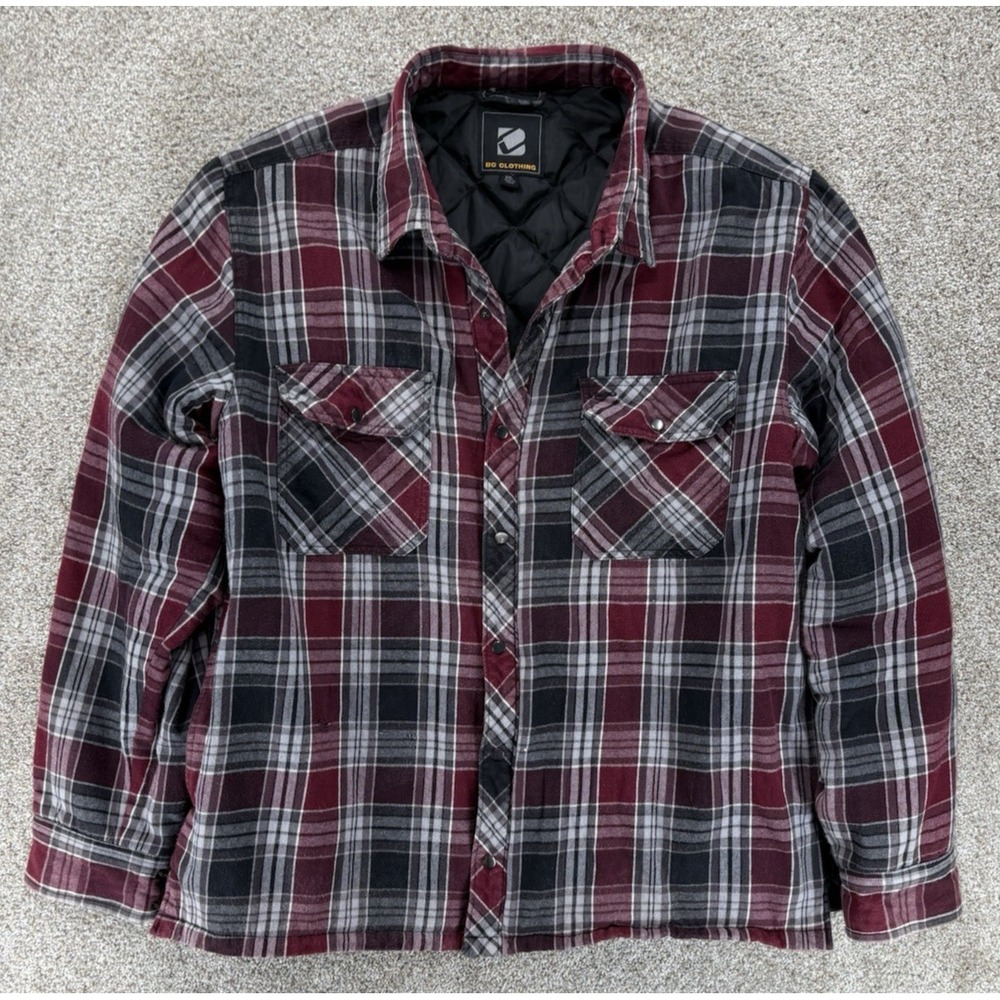 BC‎ Clothing Shacket Mens 2XL Red Plaid Thick Quilted Lined Flannel Snap Front